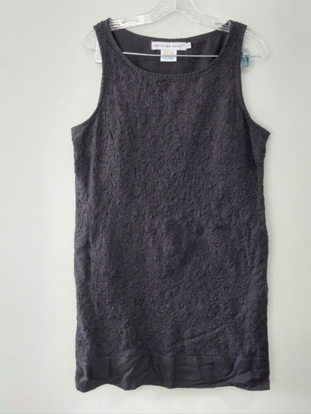 Gretchen Scott Embroidered Dress Large Black Knee Length Floral Scoop Neck